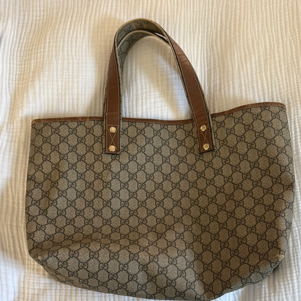 Authentic Gucci Brown Leather Trim Monogram Tote